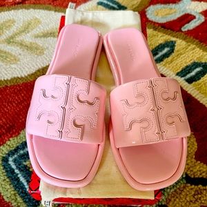 Tory Burch Double T Sport Slides, Size 6.5, Petunia (pink) Patent leather